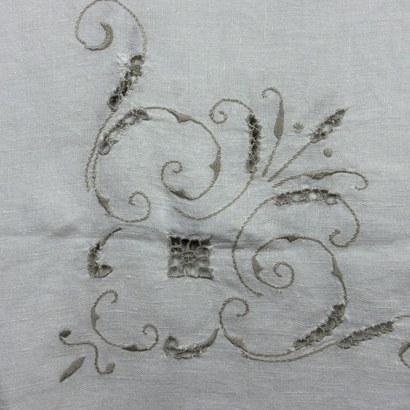 VTG Embroidery Lace Linen Tablecloth 66 X 82 Ivory Seat 6-8 Flaws/ Repairs - Picture 4 of 14